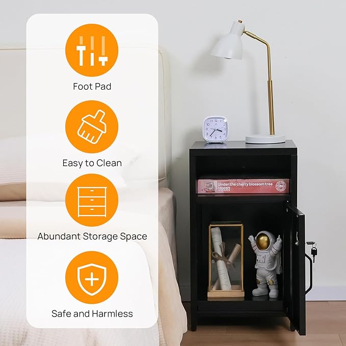 ALBAD Compact Metal Nightstand with Lockable Cabinet and Open Shelf, Modern Bedside Table, Versatile Side Table for Bedroom, Living Room, or Office (Black, 26" H-Lockable Door)