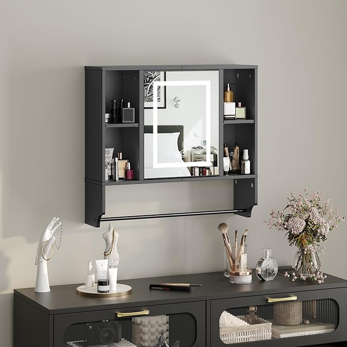 MAHANCRIS Bathroom Wall Cabinet with Mirror, Wall Mounted Medicine Cabinet with Color Adjustment LED Lights, Mirrored Over The Toilet Storage Cabinet with Adjustable Shelves, 23.6''W x 21.6''H, Black