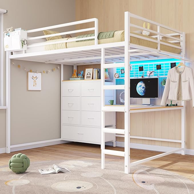 DICTAC Full Loft Bed with L-Shaped Desk and 7 Storage Drawers, Metal Full Size Loft Bed for Teen with LED Lights and Charging Station,13.11" H Safety Guardrail and Ladder,No Box Spring Needed, White