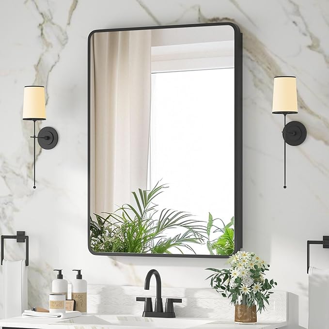 Medicine Cabinet 20 x 28 Inch, Black Bathroom Medicine Cabinet with Mirror,Metal Beveled Mirror, Adjustable Shelves, Recessed or Wall Mount, Sturdy & Solid, Bathroom Mirror with Storage