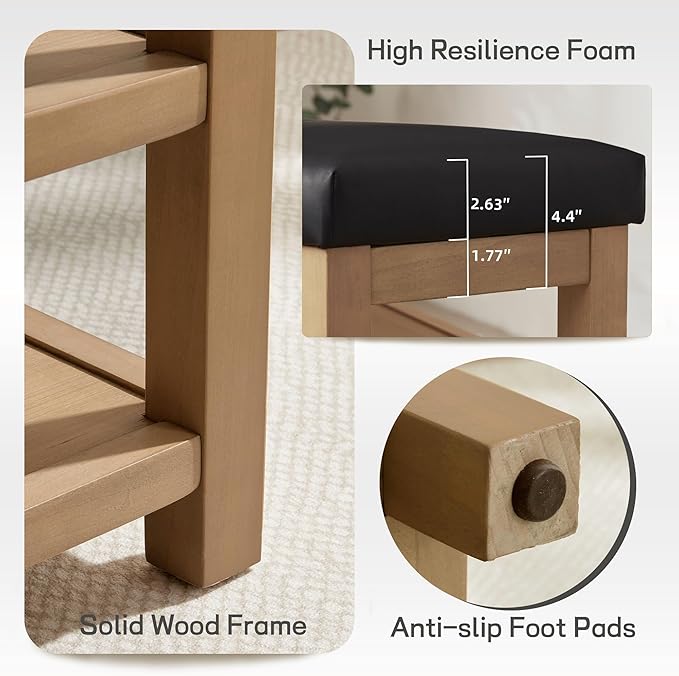 Zihanhome Shoe Rack Bench with Leather Cushion, 2 Tier Solid Wood Storage Bench, Mid-Century Modern Shoe Bench for Entryway, Hallway, Closet, Front Door Entrance, Foyer (Black, 46.5)