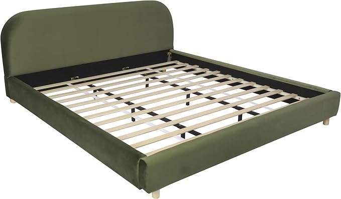 Merax Queen Size Velvet Fabric Upholstered Platform Bed with Curved Shaped Headboard, Wood Bed Frame with Solid Round Legs for Kids Teens Adults, Olive Green