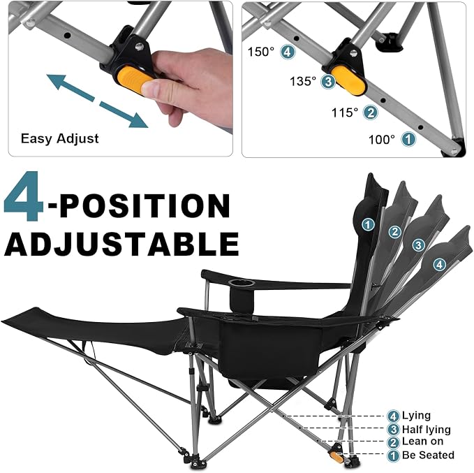 Romswi 2Pack 4-Position Reclining Camping Chair with Removable Footrest, 2-in-1 Adjustable Portable Lounge Chair with Cooler Bag, Cup Holder, Side Pockets & Carry Bag for Outdoor, Grey
