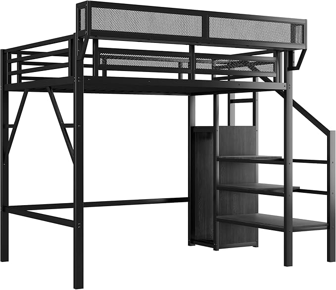 KEIKI Twin Size Metal Loft Bed Frame with Convertible Staircase, Built-in Storage Shelves & Wardrobe, Loft Bed with Solid Slats & Guardrail, No Box Spring Required, Easy Assembly, for Bedroom, Black