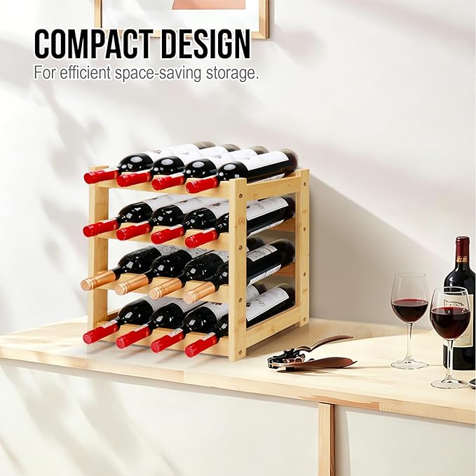 Bamboo Wine Rack, 4-Tier 16 Bottles Wine Storage Cabinet Shelf, Easy-Assembly Freestanding Bamboo Wine Racks Countertop for Kitchen Pantry Dining Room Bar, Natural