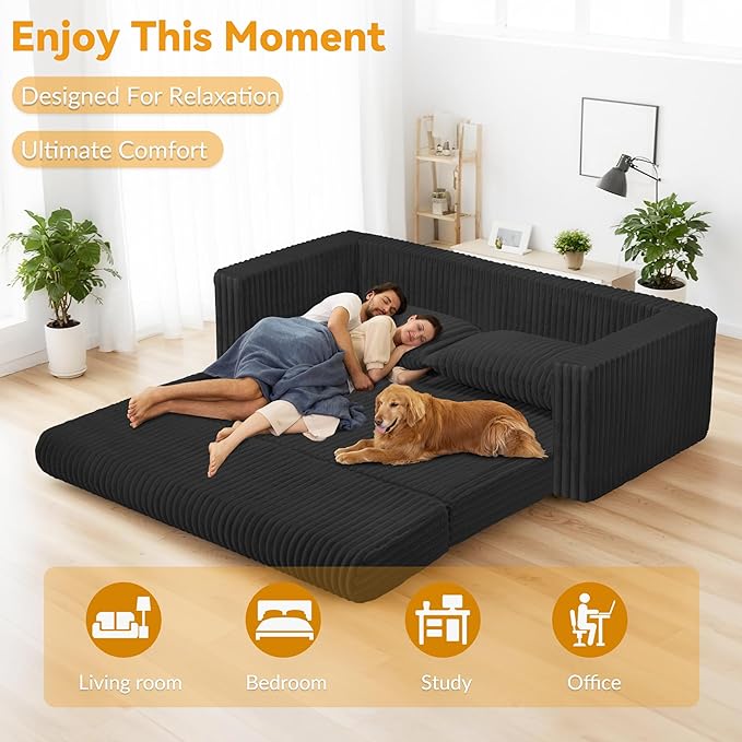 HABUTWAY 68" Loveseat Boneless Couch, 4-in-1 Convertible Sofa Bed, Plush Fur Folding Futon Sofa Bed Couches with 2 Pillows for Living Room, High-Density Foam Support, No Assembly Required, Black