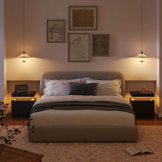 Black LED Night Stand Modern Nightstand with 2 Drawers Bedside Table for Bedroom End Side Table