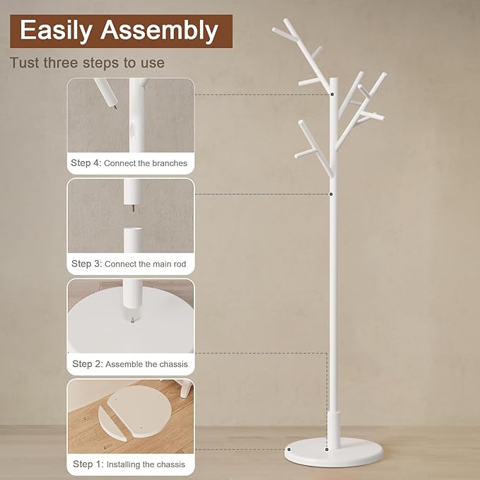 Muwuele Coat Rack, Solid Wood Coat Rack Freestanding with 12 Hooks, Coat tree freestanding 3 Adjustable Heights for coat, Hats, Handbags,Coat Stand for Entryway,Bedroom (White)