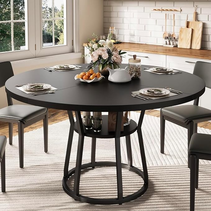 GarveeHome 47 Inch Round Dining Table with Storage Shelf, Farmhouse Circle Kitchen Table for 4-6, Space-Saving Wood Top, Metal Legs, for Kitchen, Dining & Living Room, Apartment, Table Only-Black
