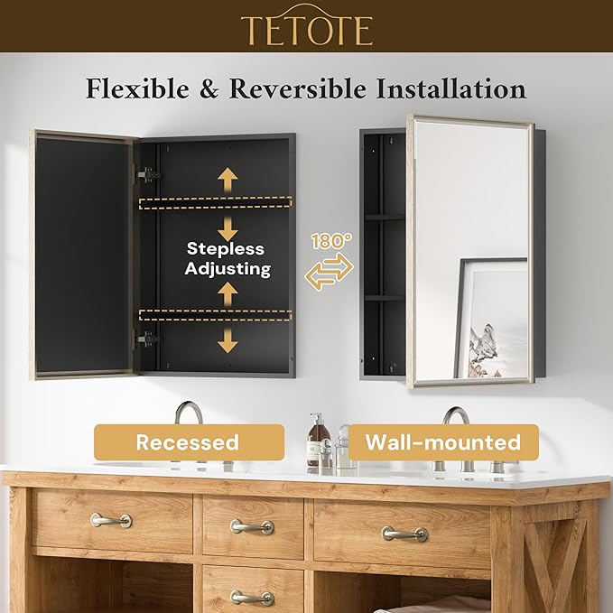 TETOTE 16" x 24" Medicine Cabinet Mirror Fully Assembled Bathroom Mirrored Cabinet with Adjustable Storage Shelves Tempered Beveled Mirror for Vanity, Wall-Mounted or Recessed