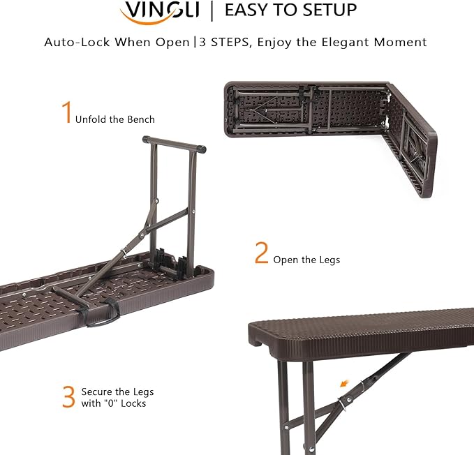 VINGLI 6 feet Plastic Folding Bench,Portable in/Outdoor Picnic Party Camping Dining Seat, Garden Soccer Multipurpose Entertaining Activities, Smooth HDPE Tabletop (2, Brown, 6ft)