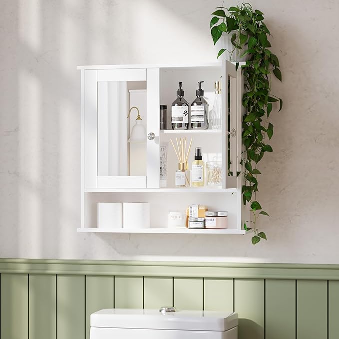 VINGLI Medicine Cabinet with Mirror, Wall Mounted Bathroom Cabinet with Open Shelf, 2-Door White Storage Organizer Over Toilet, Adjustable Shelves for Vanity, Entryway, Kitchen, 22x23 Inch