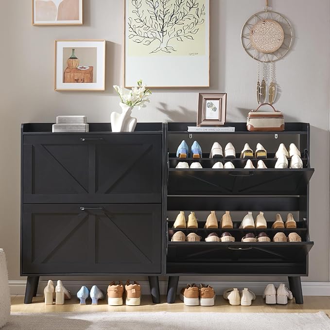 LEYAOYAO Shoe Cabinet Storage for Entryway with 2 Flip Drawers Rack Narrow Organizer Slim Hidden Wood Shoe Cabinet Furniture Black