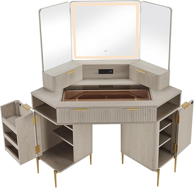 T4TREAM 48" Fluted Makeup Vanity Desk with HD Triple Mirror and Lights, Large Lighted Corner Vanity with Glass Top, Modern Dressing Table with 3 Drawers & 2 Cabinets for Bedroom, White Alder