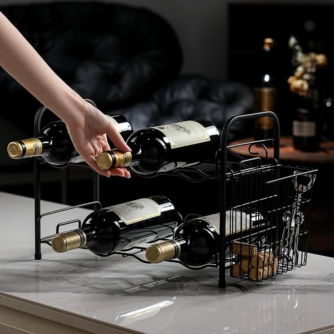 Wine Rack, 2-Tier 8 Bottles Wine Racks with Cork Holder Countertop Cabinet Wine Holder Wine Storage Shelf for Pantry Kitchen Bar Black