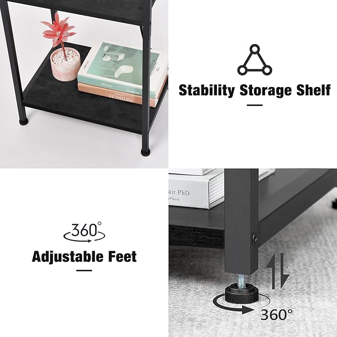 Asgolion Tall Nightstand with Charging Station, 3 Tier Narrow Tall End Table with Storage, Slim Side Table with USB Ports and Outlets for Bedroom, Living Room, Office, Black
