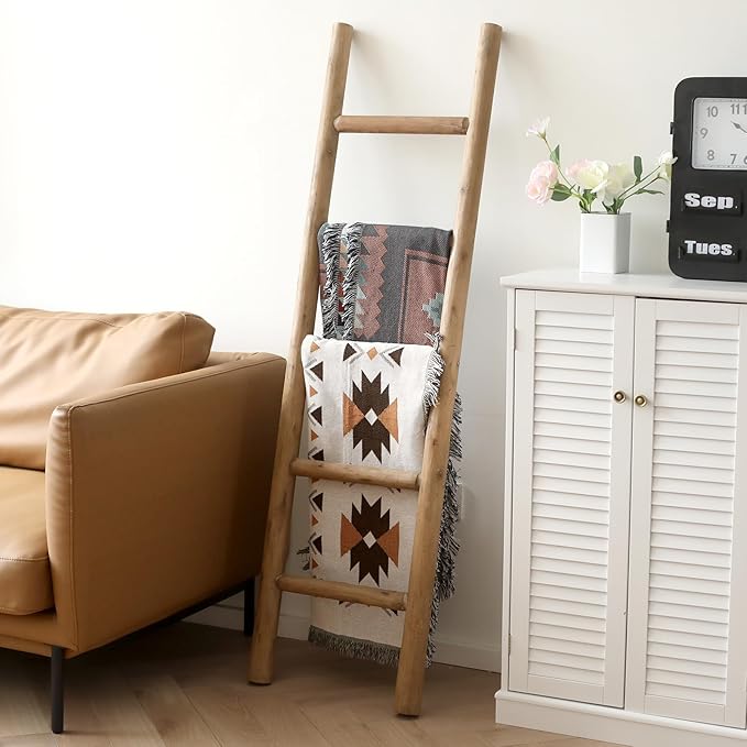 SwallowLiving 57in Blanket Ladder, Solid Wood Towel Ladder, Rustic Decorative Ladder for Blankets, Farmhouse Wooden Quilt Rack for Living Room & Bathroom