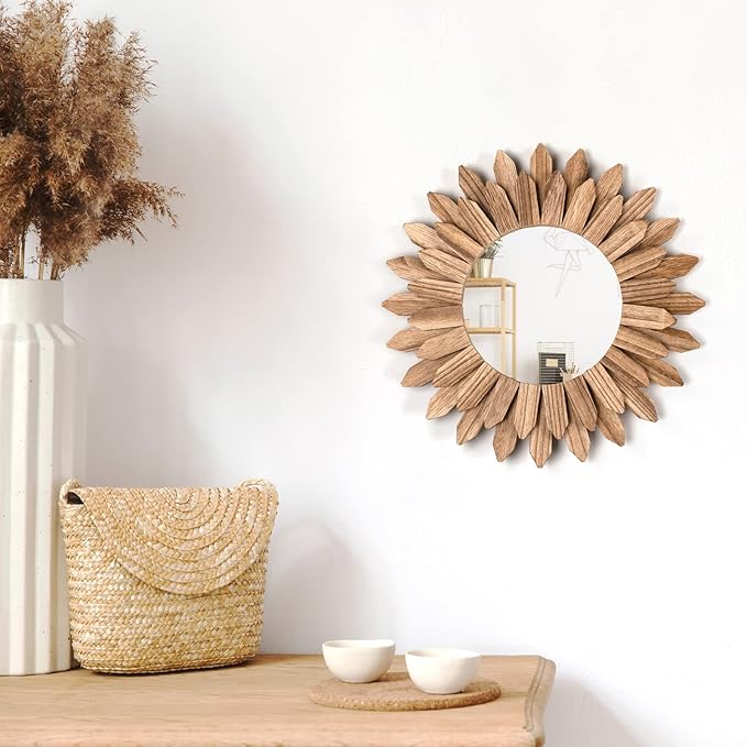 Honiway Wall Mirror Decorative 12 inch Rustic Wood Mirror Sunburst Boho Mirror for Entryway Bedroom Living Room Bathroom House Warming Gifts New Home Essential Carbonized Black