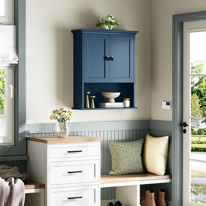 Bathroom Wall Cabinet, Wooden Medicine Cabinet Over Toilet Storage Cabinet with Doors and Adjustable Shelf Wall Mounted Storage Organizer Cabinet Above Toilet (Ultramarine)