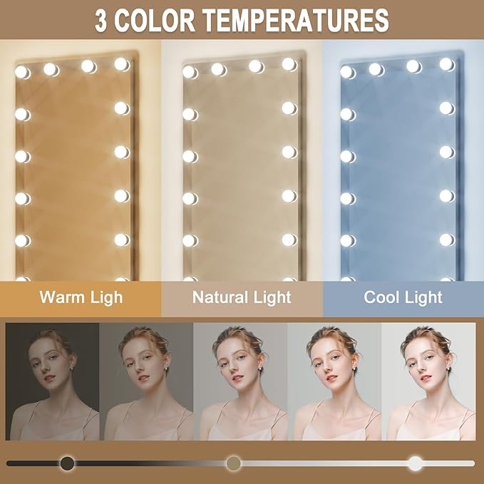 Kosmonia 64x22 Hollywood Full Length Mirror with Light, 22 Dimmable Bulbs & 3 Color Smart Touch Control, Distortion Free, Tempered Glass, Safe Full Body Mirrors with Stand