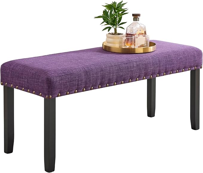 Roundhill Furniture Biony Fabric Dining Bench with Nailhead Trim, Purple