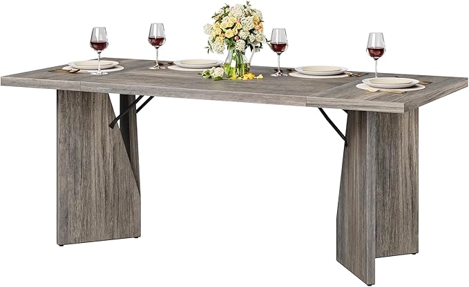 GarveeHome 70.9'' Rectangular Dining Table for 6-8, Wooden Thickened Long Desk, Farmhouse Kichen Table with Sturdy Frame and M-Shaped Legs, for Dining Room, Kitchen, Living Room, Office, Grey