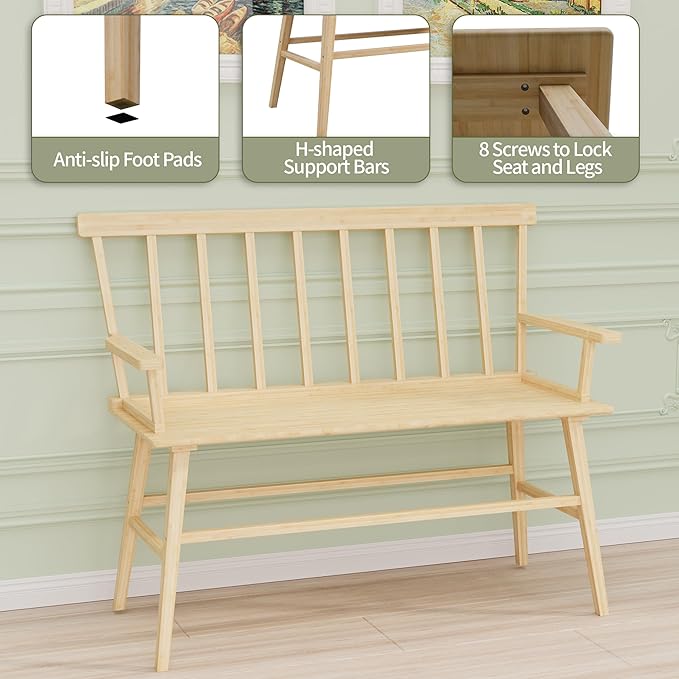 APRTAT Bamboo Entryway Bench, Farmhouse Dining Bench with Spindle Back & Armrest 3 Person Indoor Bench Chair Wood Windsor Bench Durable Easy Assembly for Foyer Balcony Hallway Living Room (Natural)