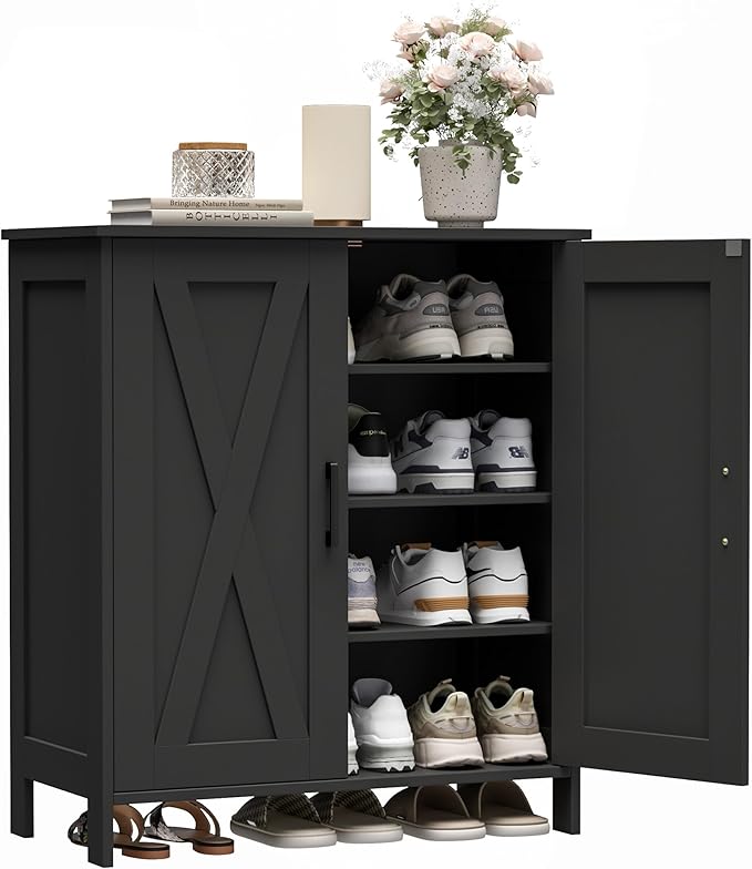 Homleke Farmhouse Shoe Cabinet with 2 Barn Doors & Wood Legs, 5-Tier Shoe Storage Cabinet with 3 Adjustable Shelves, Tall Shoe Rack Organizer for Closet, Shoe Organizer for Entryway, Hallway, Black