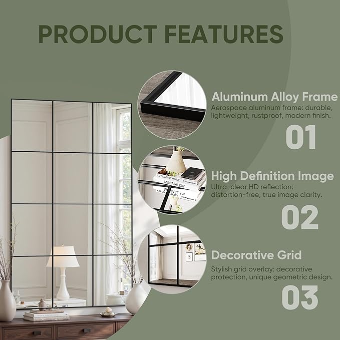 Suidia Wall Mirror, 36" x 36" Window Decorative Mirrors, Metal Framed Wall Decor Wall-Mounted Mirrors for Bedroom, Living Room, Entryway, Black
