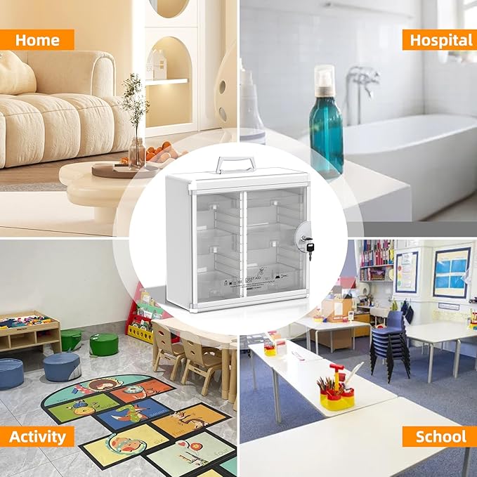 Glosen Lockable Medicine Cabinet with 6 Removable Trays, Wall Mounted & Portable Locking Medicine Cabinet Organizer with Key Lock for Home, Bathroom, Office - Aluminum Frame(15.63 * 6.5 * 15.43Inch)