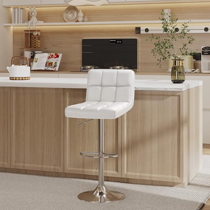 Furmax Bar Stools Modern Pu Leather Swivel Adjustable Hydraulic Bar Stool Square Counter Height Stool Set of 2 (White)