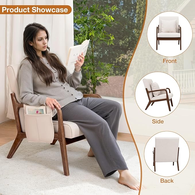 HOMMPA Mid-Century Modern Accent Chair, Comfy Reading Armchair with Solid Wood Frame & Lumbar Pillow, Upholstered Linen Lounge Chair with Side Pocket for Living Room, Bedroom,Balcony(Beige)