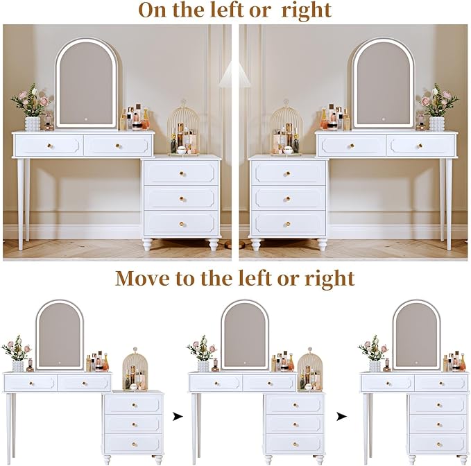 Ieejdn White,Vanity Desk with Mirror and Lights,Makeup Vanity with Power Outlet and Adjustable Cabinet,Modern Makeup Table with 3 Drawers for Bedroom Makeup Room