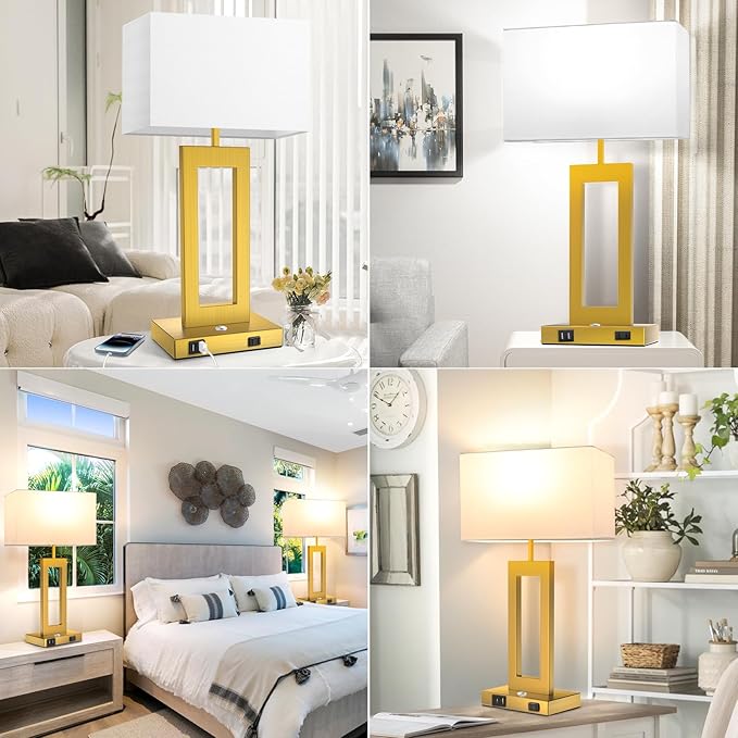 Table Lamps for Bedrooms Set of 2, 27.2ββ Super Tall Modern Gold Lamps for Living Room Nightstand End Tables, Button Touch Control Bedside Lamps with 2 USB Ports, 3 Color Temp. E26 Bulbs Included