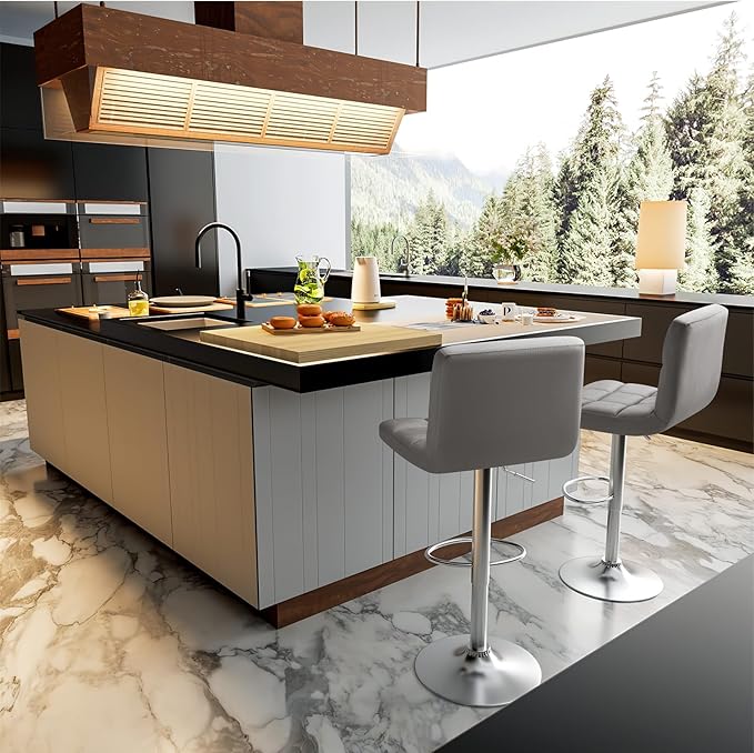 Homall Bar Stools Modern Velvet Adjustable Swivel Barstools, Armless Hydraulic Kitchen Counter Bar Stool Extra Height Square Island Barstool with Back Set of 2 (Velvet, Gray)