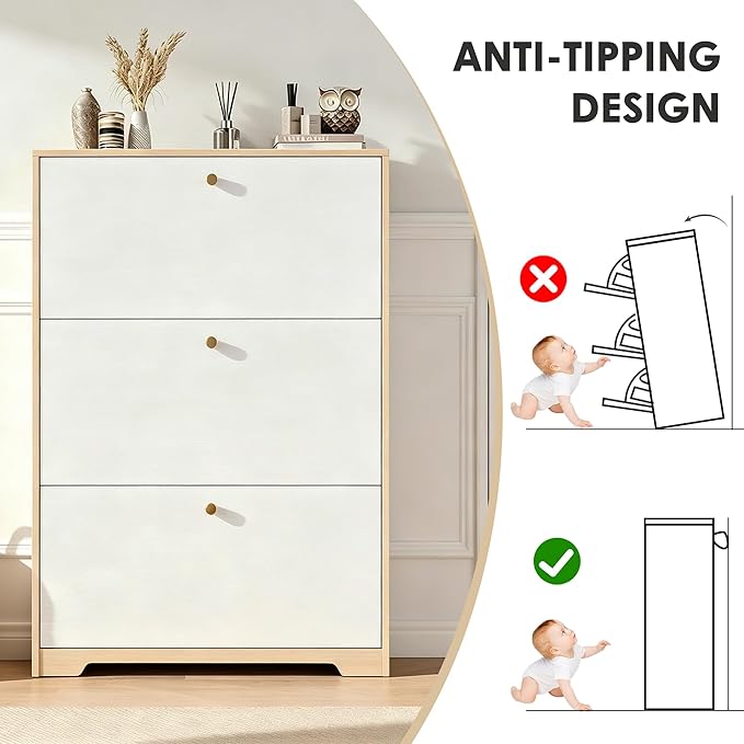 Nicetree Shoe Cabinet with 3 Flip Drawers,Freestanding Shoe Storage Cabinet, Narrow Shoe Organizer Cabinet, Farmhouse Slim Shoe Rack Cabinet for Entryway,Natural Oak and White with Hook