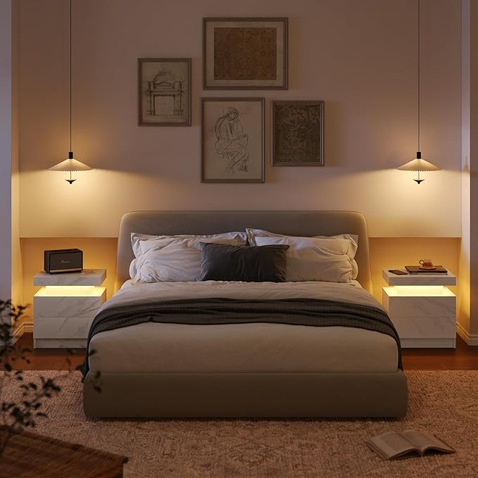 White Nightstand Modern End Tables for Bedroom Nightstand with Led Lights Side Table for Bedroom with Drawer White