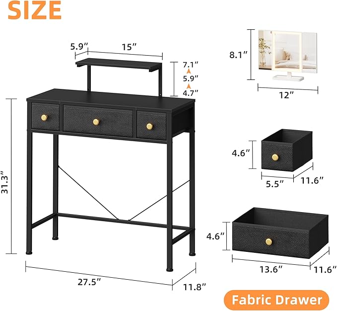 HIGDBFE Small Makeup Vanity Desk 27.5''W with Mirror and Lights, Vanity Desk with 3 Fabric Drawers and Height-Adjustable Stand, Vanity Table for Girls Gifts, Bedroom and Small Spaces, Black