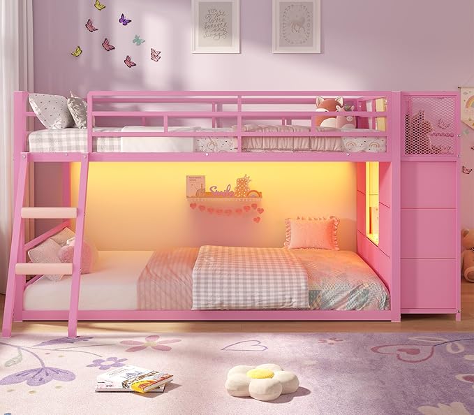 BTHFST Low Bunk Bed Twin Over Twin with 7 Large Fabric Drawers & Bookshelf, Metal Bunk Bed with RGB LED Lights & Slanted Ladder & Safety Guardrail, Space-Saving Kids Low Loft Bed Twin, Pink