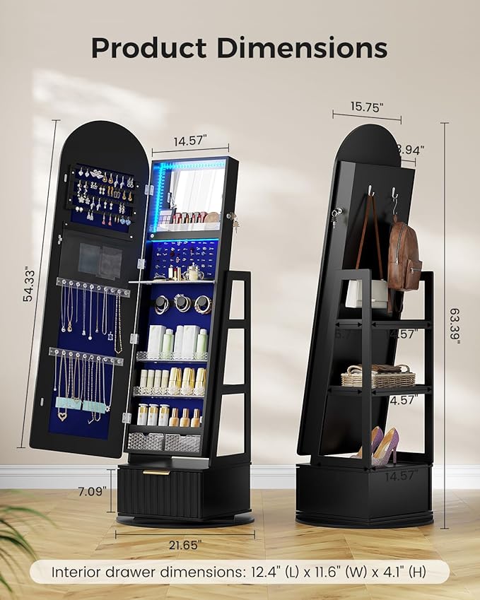 Dystler Arched Jewelry Cabinet with RGB Full-Length Mirror, 360° Swivel Standing Jewelry Armoire with Shelves & Drawer, Lockable Jewelry Organizers and Storage with Remote Control, Black