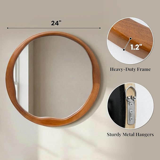Walnut Round Mirror 24 Inch, Solid Wood Framed Bathroom Vanity Mirror with Wavy Inner Edge, Retro Mid-Century Wall Decor for Bedroom & Entryway