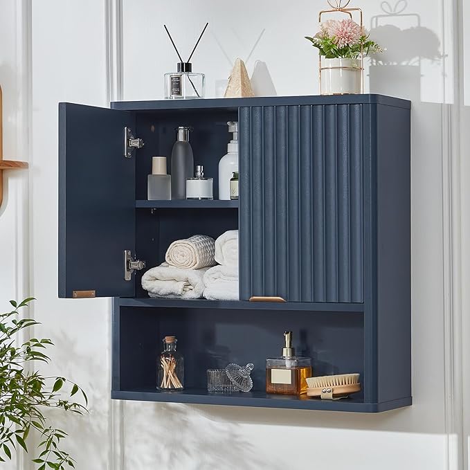 LEYAOYAO Fluted Bathroom Wall Cabinet, Wall-Mounted Medicine Cabinet with Adjustable Shelf & Doors, Farmhouse Floating Over the Toilet Storage Cabinets for Laundry Room, Kitchen, Living Room (Blue)