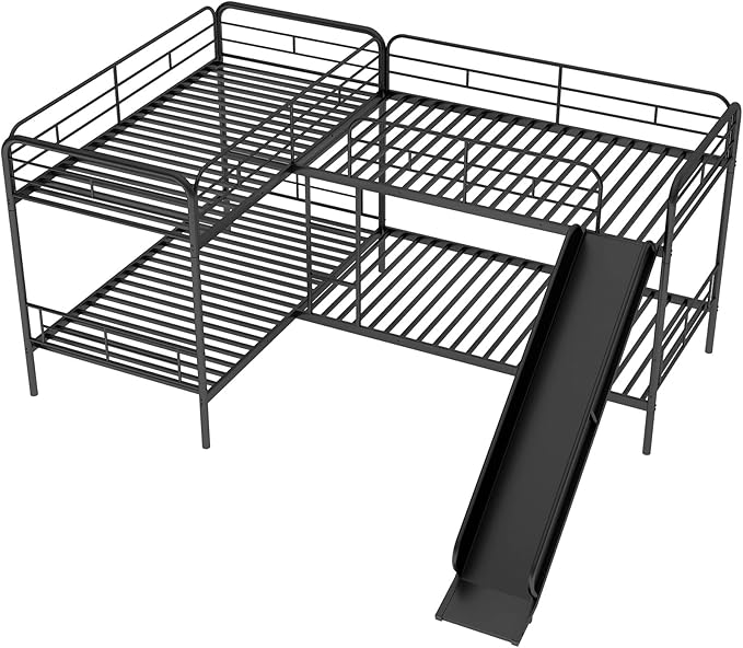 Bellemave Quad Bunk Beds with Slide L-Shape Bunk Bed for 4 Twin Over Twin Metal Bunked Frame for Kids Boys Girls Teens, Black