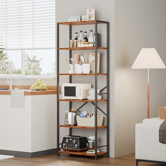 Furologee 6 Tier Book Shelf Set of 2, Tall Wide Bookshelf, Industrial Open Bookcase, Display Shelves Storage Organizer, Shelving Unit for Living Room, Home Office, Bedroom, Rustic Brown