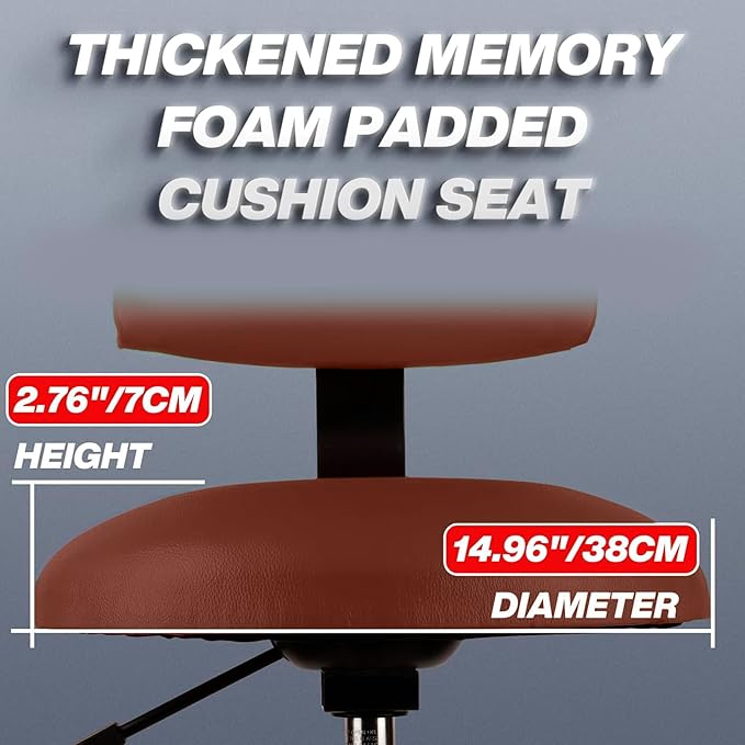 Shop Stool with Backrest, Mechanic Garage Stool for Workshop, Adjustable Shop Stools Chair, Padded Workbench Stools for Men Women, 300 LBS Capacity, 360° Swivel PVC Seat, Heavy Duty, Brown