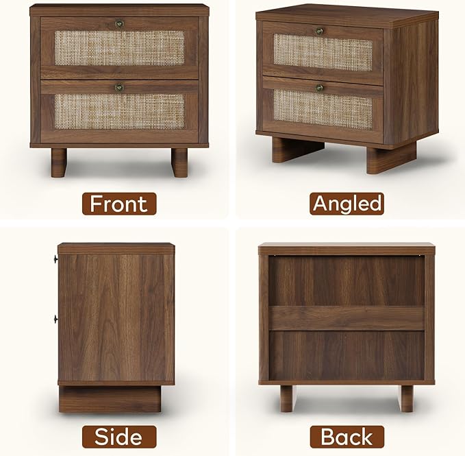 LAZZO Nightstands Set of 2, Mid Century Modern Night Stand with Rattan Drawers, Walnut Nightstand Bedside Table Set of 2, End Table for Bedroom (Walnut)