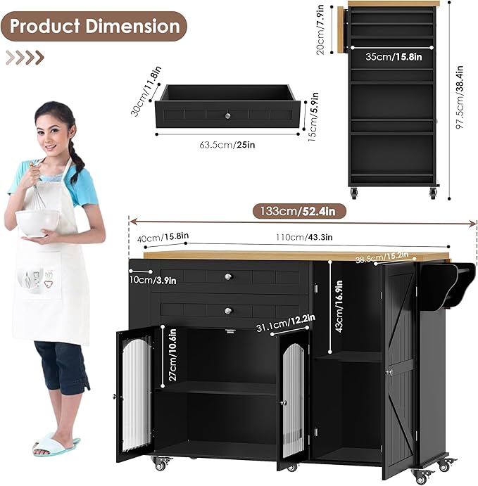 FINETONES Kitchen Island with Storage, Rolling Kitchen Island on Wheels with Wood Drop Leaf Countertop, Island Table Bar Cart with Spice Towel Rack Portable Kitchen Table Kitchen Carts on Wheels