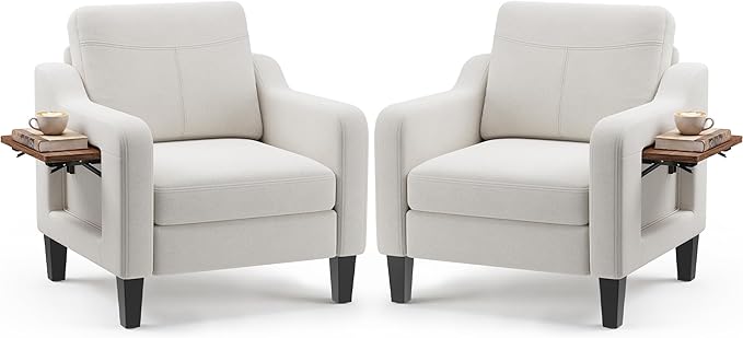 Accent Chairs Set of 2 for Living Room, Mid-Century Upholstered Armchair with Foldable Table & 2 Side Pockets, Modern Linen Wooden Sofa Chair for Bedroom & Reading Room, Beige