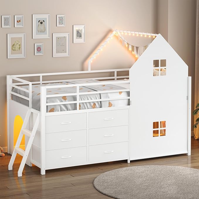 UPOSOJA Twin - Low Loft Bed with Kids Clothing Rack, Kids Loft Bed, Loft Bed with Tent, Toy Storage Box, Safety Guardrail, LED Light, Under-Hide and Seek Bed Play Space (White)
