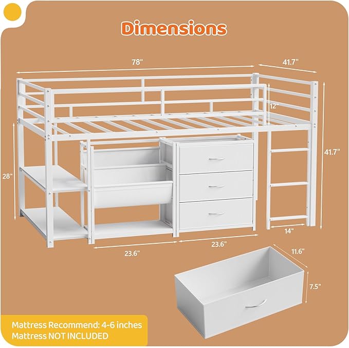 JOYMOR Low Loft Bed Twin Size with 3 Storage Drawers, 2 Tier Storage Shelves, 2 Tier Bookcase and LED Lights, Metal Kids Loft Bed with Safety Guardrail, Spave Saving Design (White)